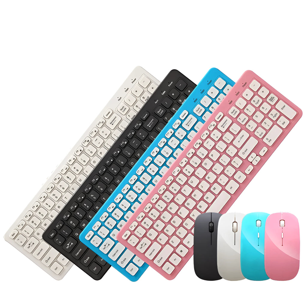 Black wireless keyboard and mouse set on a desk showing compact 96-key layout and adjustable DPI mouse.