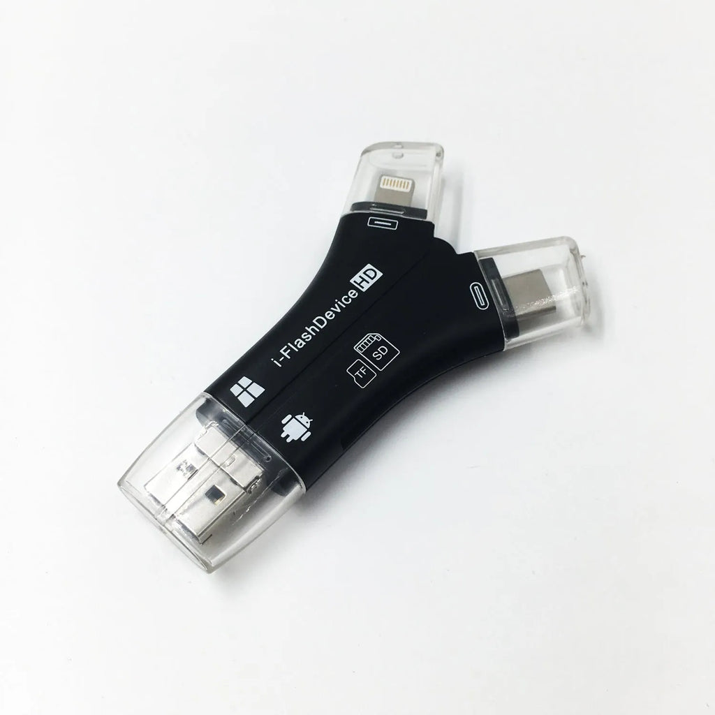 White 4-in-1 mobile phone card reader with Lightning, USB, Micro USB, and Type-C ports