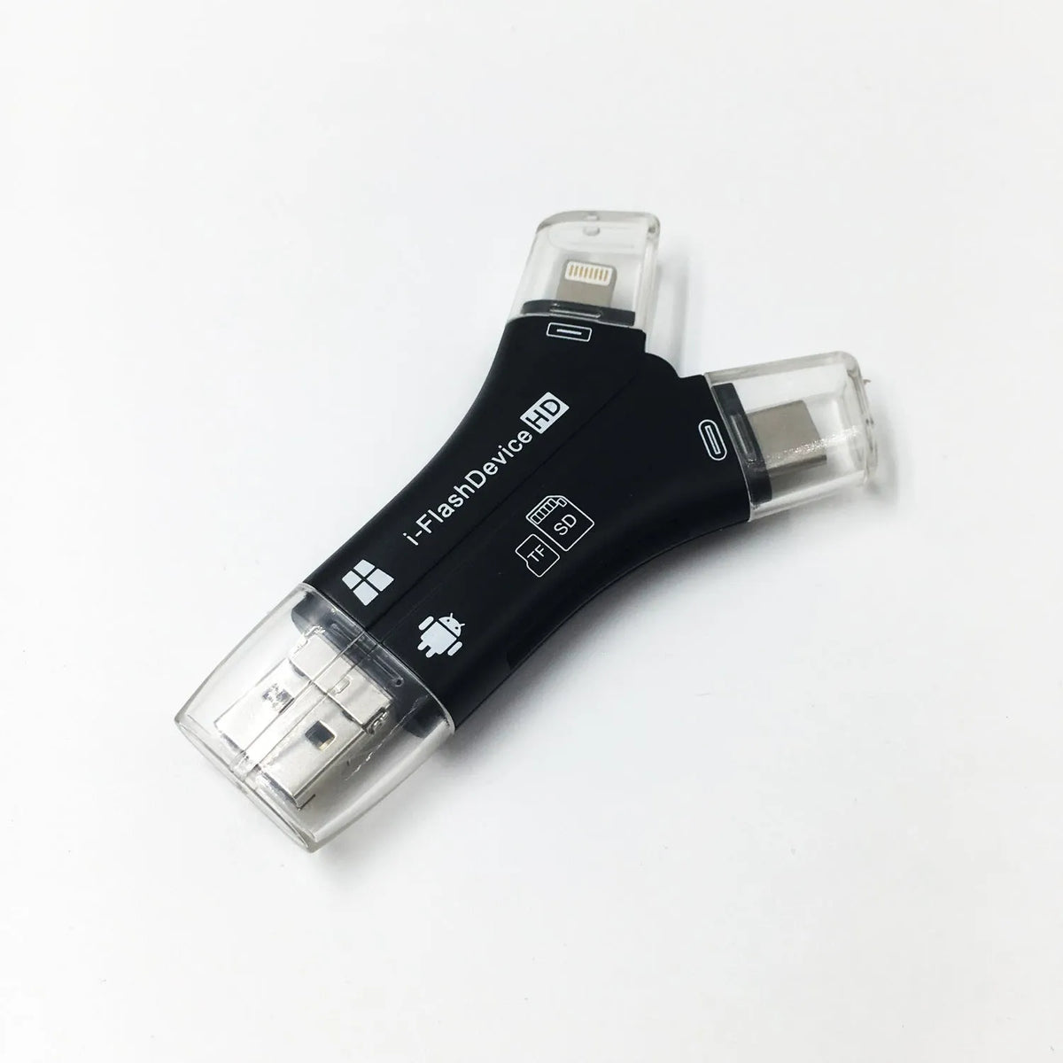 White 4-in-1 mobile phone card reader with Lightning, USB, Micro USB, and Type-C ports