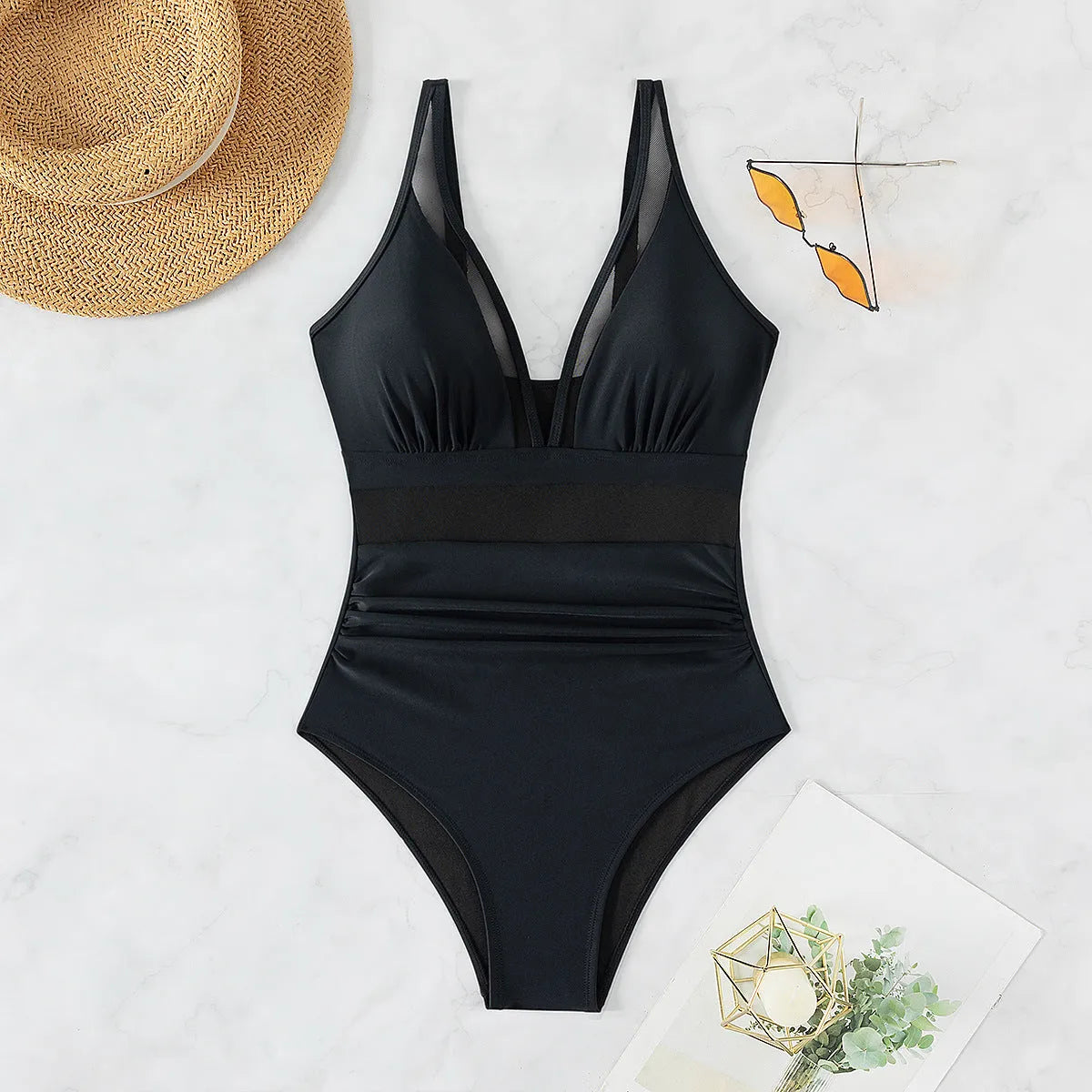 Black mesh halter neck one-piece swimsuit for women with briefs style