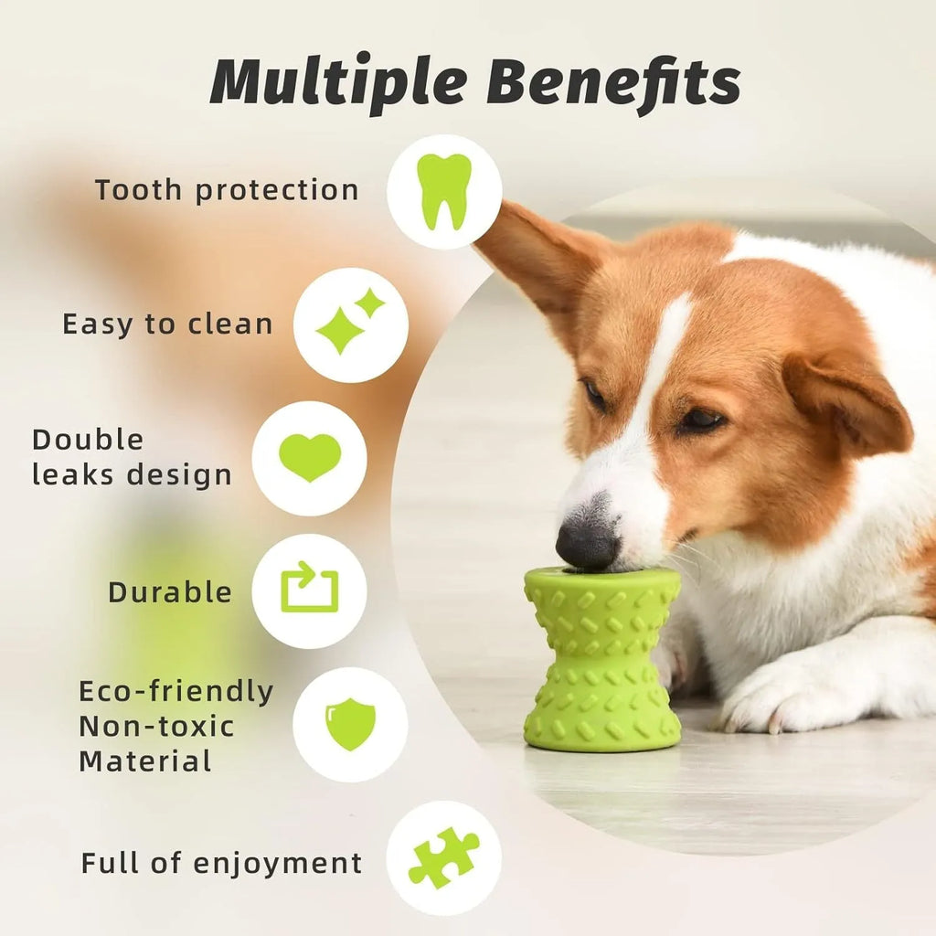 Natural rubber treat dispensing dog toy for aggressive chewers in blue, green and purple