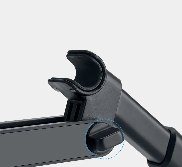 Black car phone holder mounted on vehicle rear seat base with tablet secured in adjustable grip