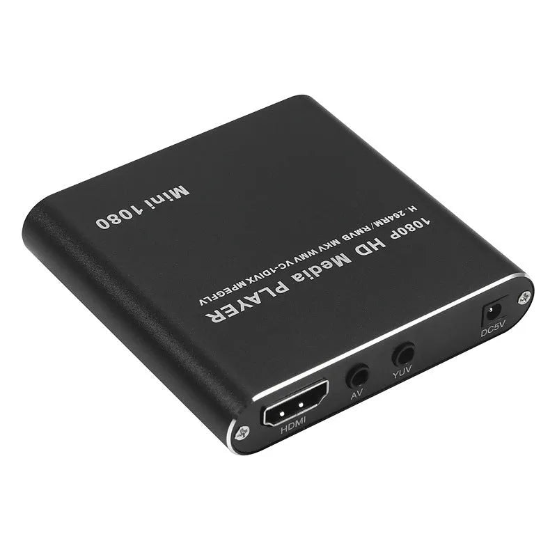 Blue and black 1080p HDMI media player for SD cards, USB drives, and external hard drives