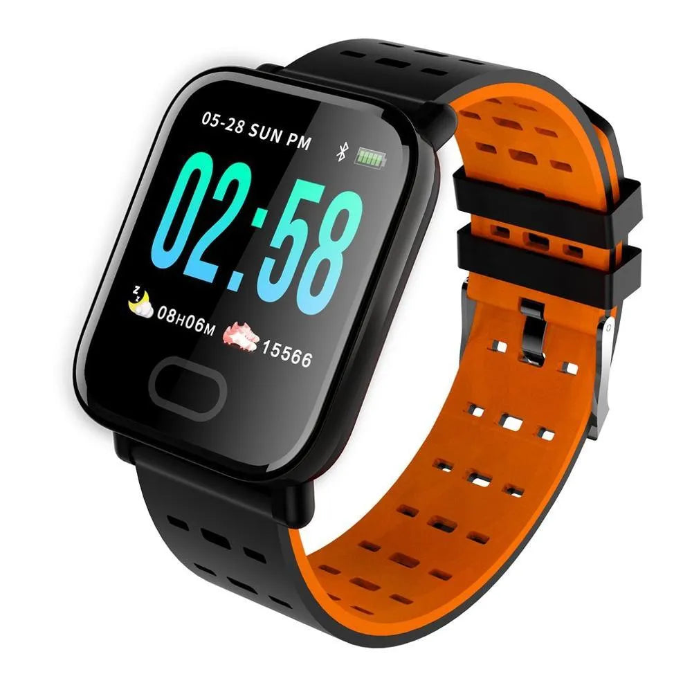A6 smart bracelet with 1.3-inch colour screen in blue, black, or orange with silicone strap and zinc alloy construction