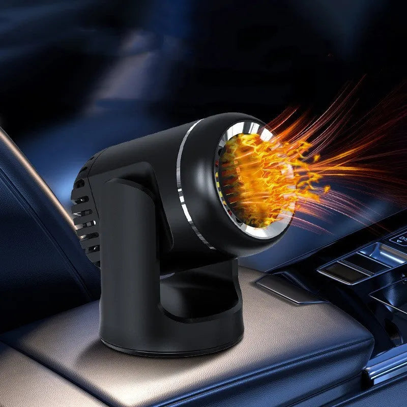 Black and white 12V compact car heater with power cord for defrosting and providing hot or cold air.