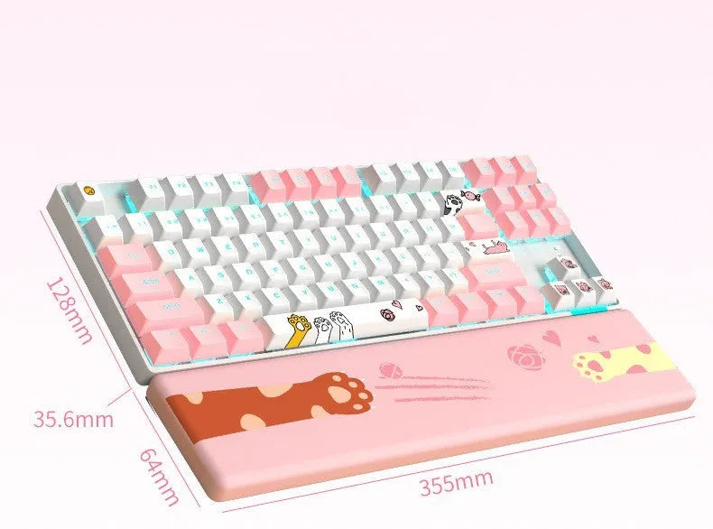 87 key RGB mechanical keyboard with green axis switches, metal panel, two-color key caps, USB cable and optional cotton hand rest