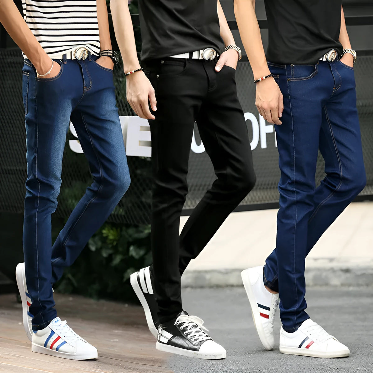 Men's stretch jeans in black, blue, or light blue, slim fit, cotton, sizes S to 6XL