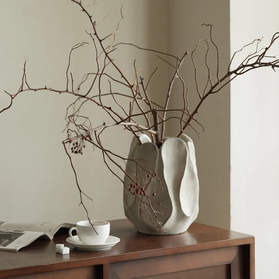 Irregular handmade ceramic vase with natural magnesium clay texture for flower arrangements