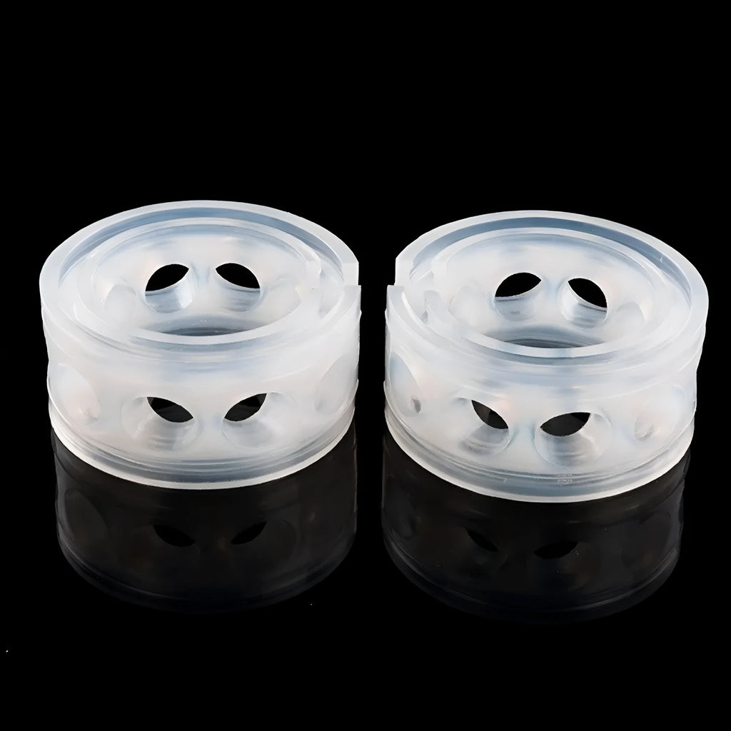 Two transparent rubber spring shock absorber buffers for car modification, shown with size measurement diagram.