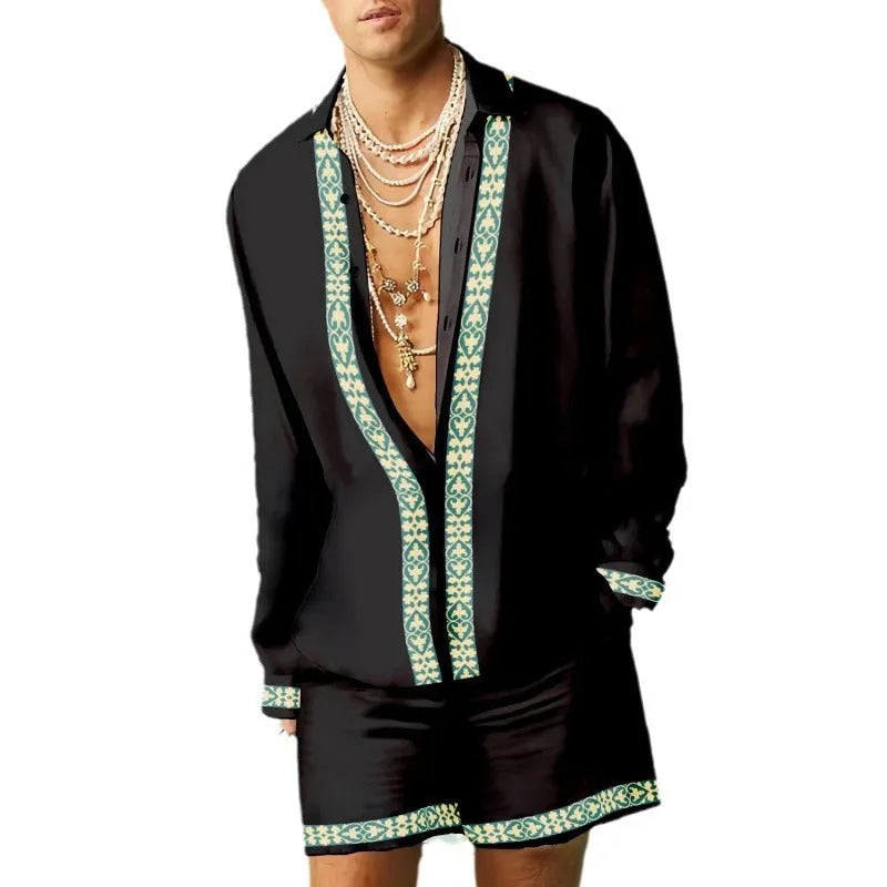 Men's casual summer shirt and shorts set in slim fit style with long sleeves and colour matching pattern