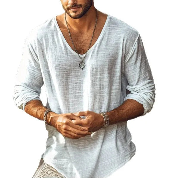Beige slim-fit long-sleeved V-neck t-shirt laid flat, showing its hemp-blend fabric texture.
