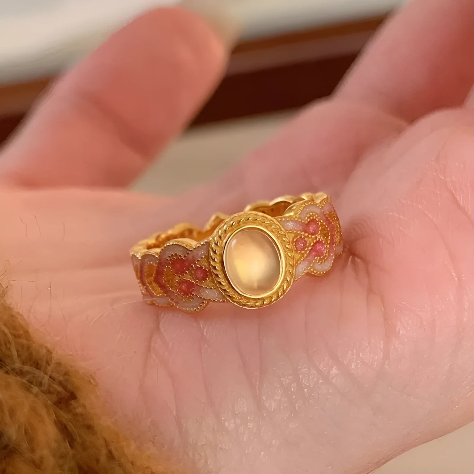Pink crystal enamel opening ring with geometry shape on copper gold plated base