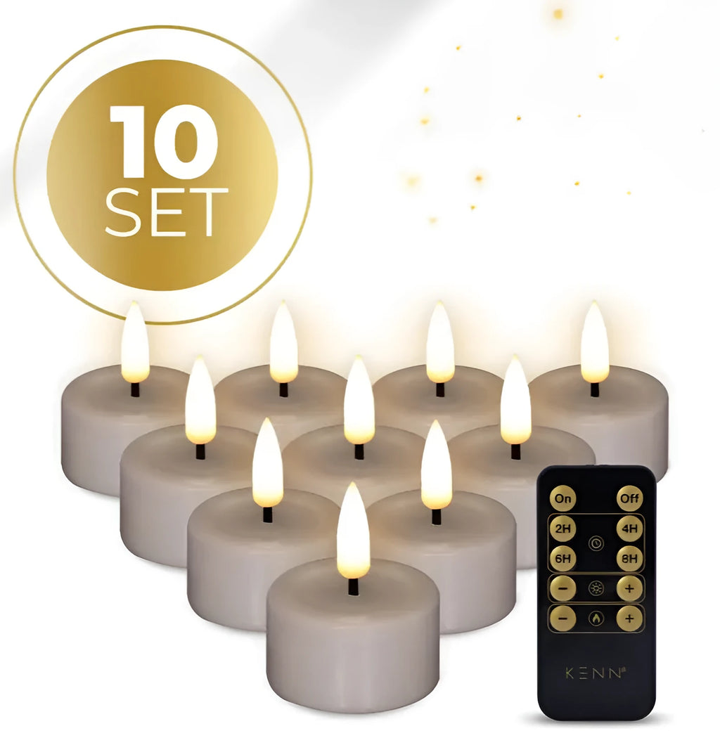 Taupe coloured S10 LED tealight candle with a realistic 3D flame effect.