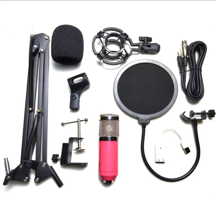 BM-800 condenser microphone stand set in various colours on a desktop