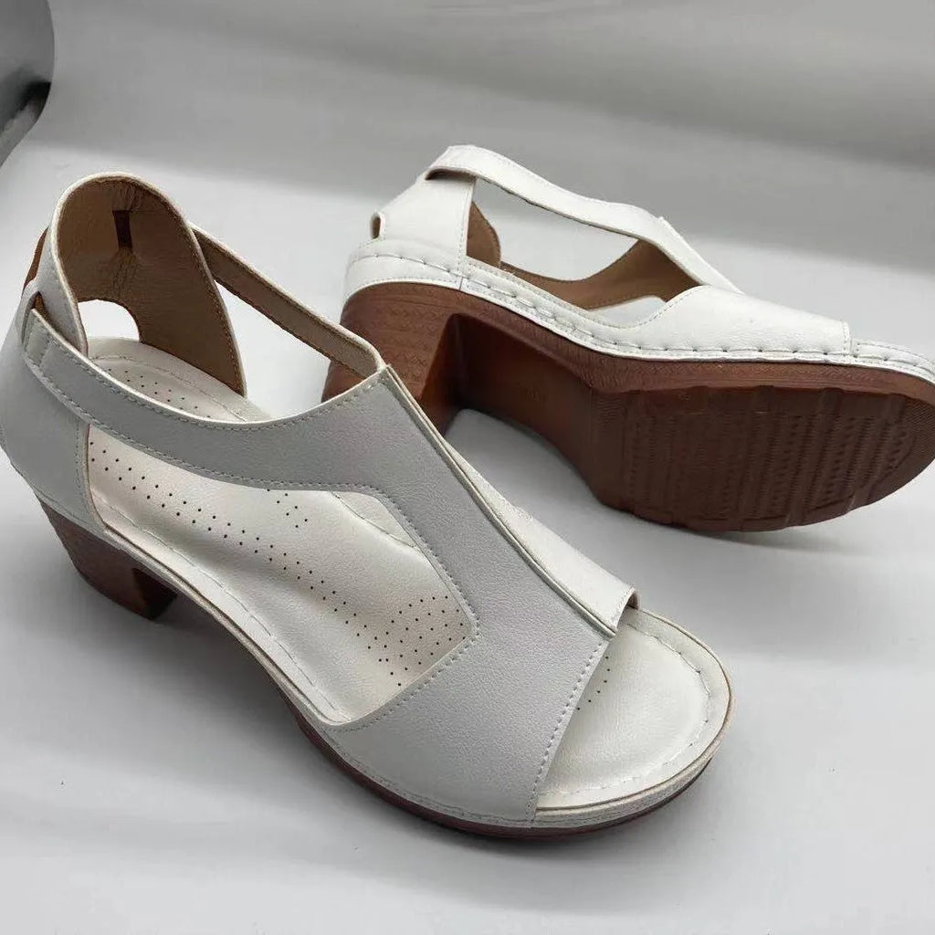 Plus size women's wedge sandals with peep toe open design and Roman style buckle in multiple colour options