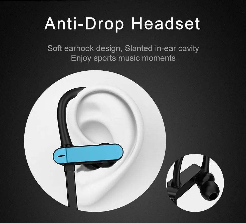 Black and blue sport earbuds with over-ear hooks and silicone tips shown next to a phone