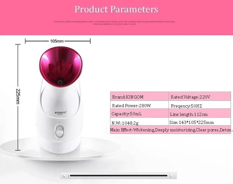 White handheld humidifying steaming machine, 280W, 220V-50HZ, 143x105x225mm, with 40°C mist output and plug options.