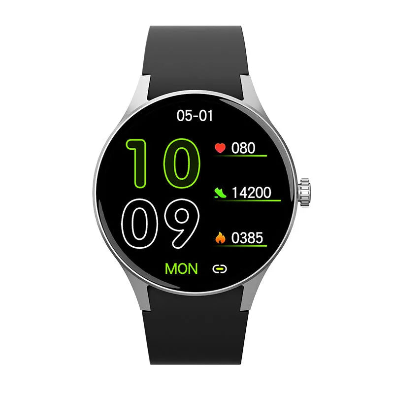 Smart watch with blood sugar detection and heart rate monitoring on wrist showing AMOLED screen