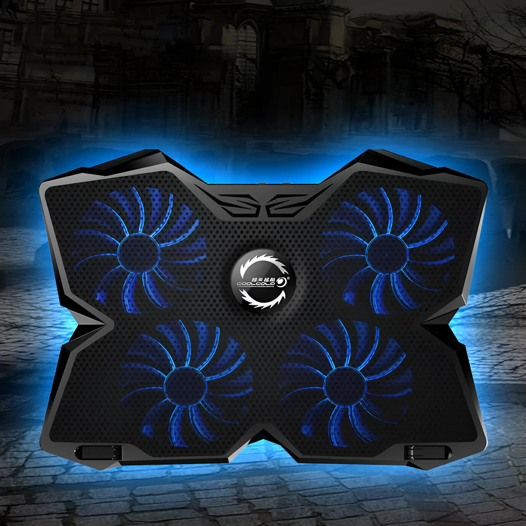 Blue laptop cooling base with four LED fans and two USB ports visible on the side