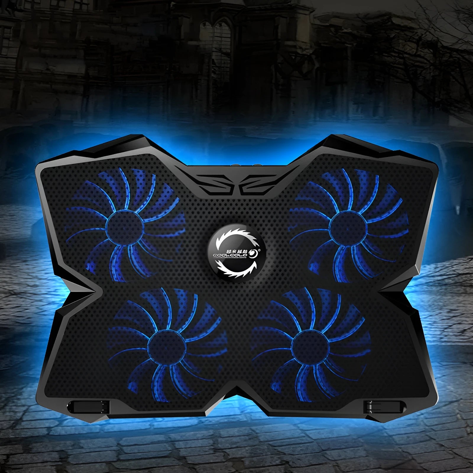 Blue laptop cooling base with four LED fans and two USB ports visible on the side
