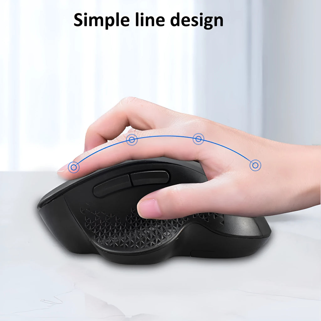Compact black wireless recharging mouse for laptops with USB cable on a desk.