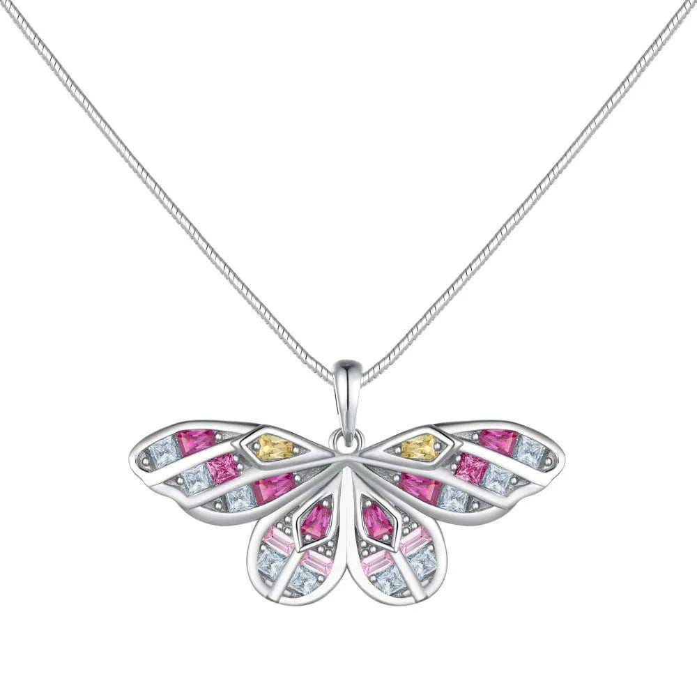 S925 sterling silver butterfly necklace with dopamine colour inlay on a snake bones chain, 41-50cm