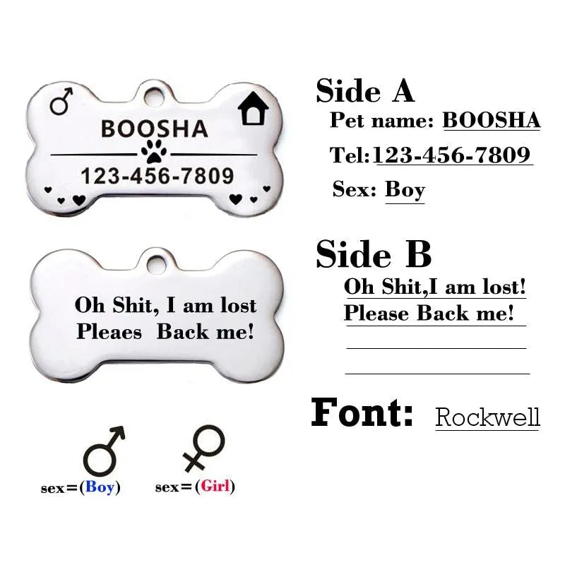 Personalized dog ID tag with stainless steel pendant and natural zircon chain, shown in black, blue, gold, or silver.