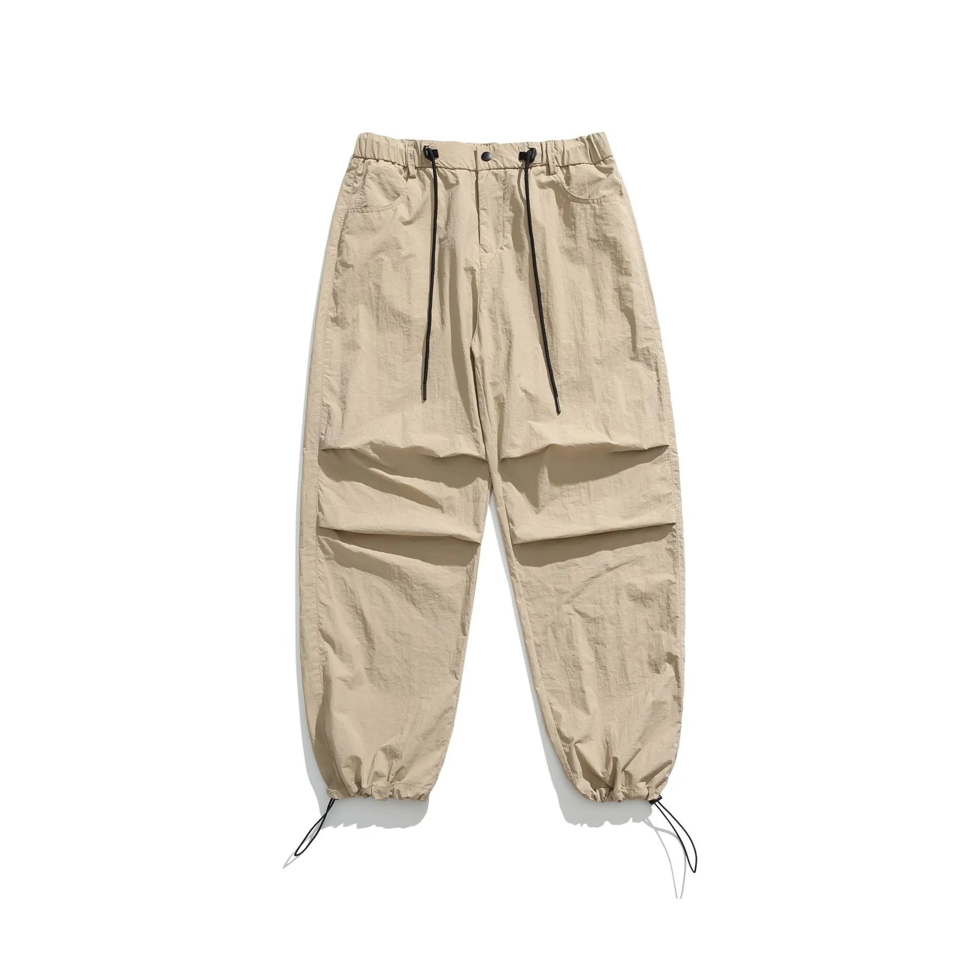Men's straight-leg casual trousers in lightweight nylon fabric, shown in multiple colour options.