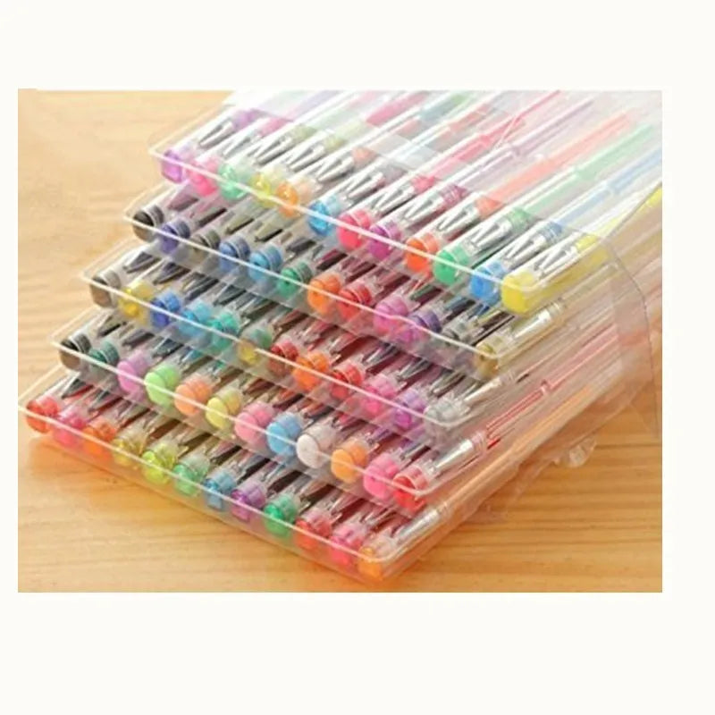 Set of 100 assorted colour gel watercolour pens with highlighter tips, showing plastic barrels.