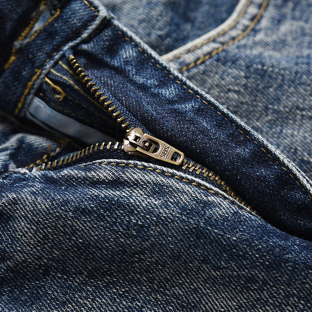 Blue cotton denim loose straight trousers for men, casual punk style, sizes S to XXL