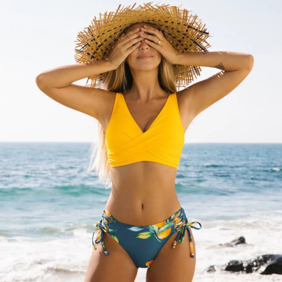 Yellow bikini swimsuit for women, sleeveless nylon swimwear with cotton blend lining, sizes S to 2XL
