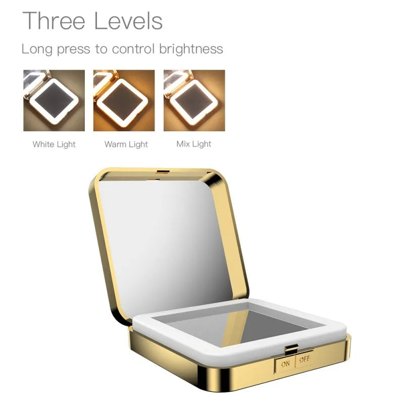 Makeup mirror with adjustable lighting showing black and white colour options with dual magnification surfaces