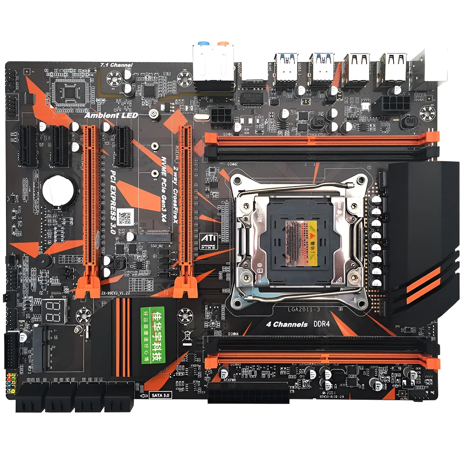 Black X99 chipset desktop motherboard with LGA2011-3 socket, four DDR4 slots, and PCI-E x16 slots.