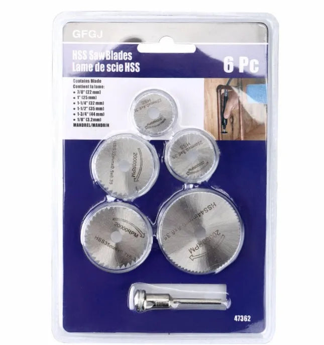 Set of 6 circular saw blades with mandrel showing high-speed steel construction and 15mm inner diameter