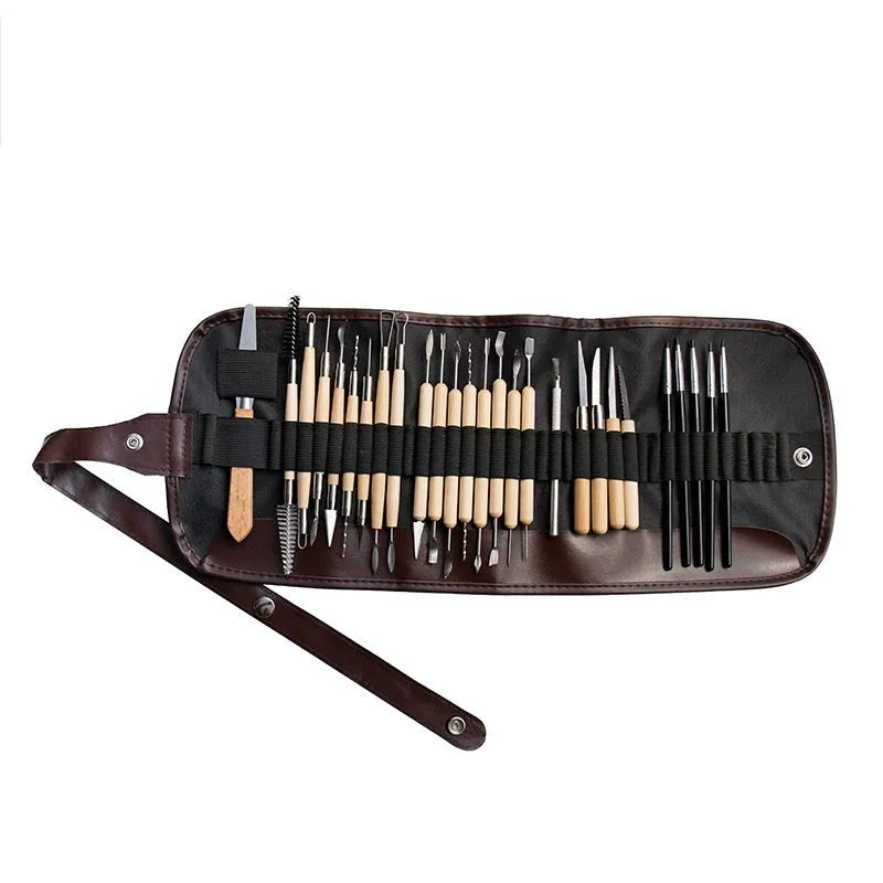 27-piece pottery clay tool set with stainless steel tools, wooden implements, plastic tools, a rolling pin, and an OPP storage bag.