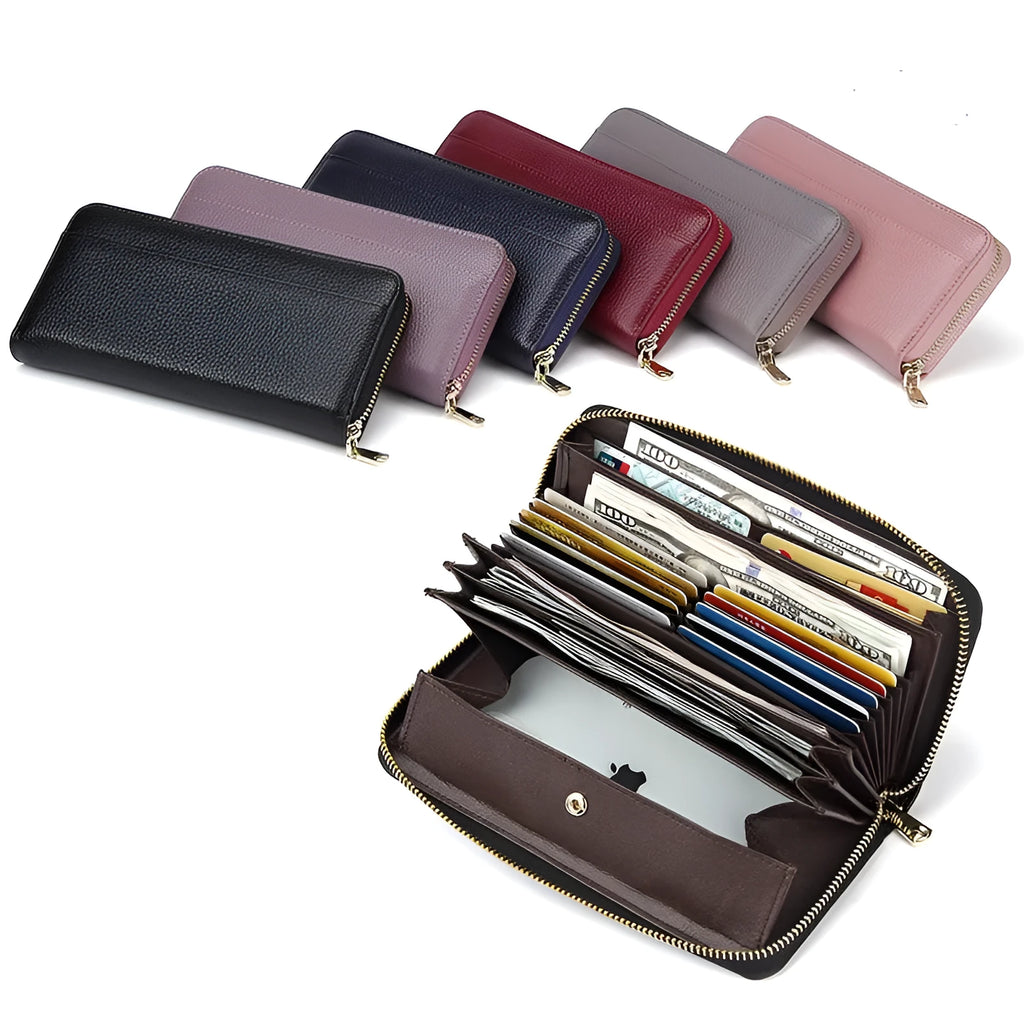 Genuine leather long women's wallet in multiple colours showing anti-theft card slot and storage compartments