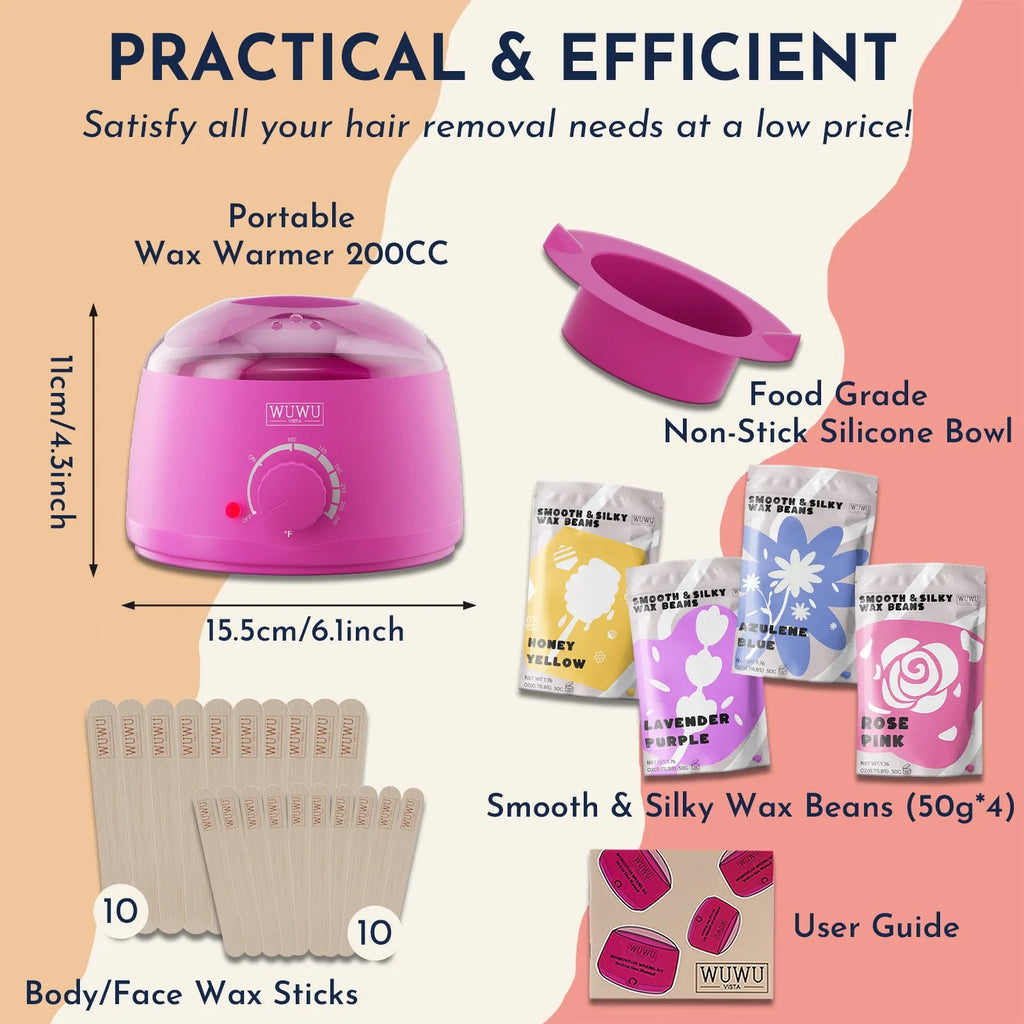 27-piece hair removal wax kit showing four coloured wax beads, a wax warmer machine, and application sticks