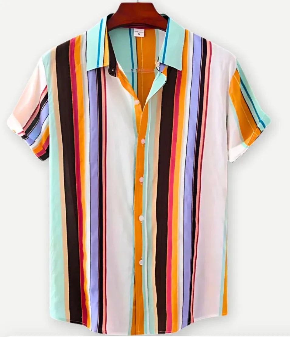 Men's Hawaiian print short sleeve shirt with lapel collar in floral pattern digital printed on elastic polyester fabric