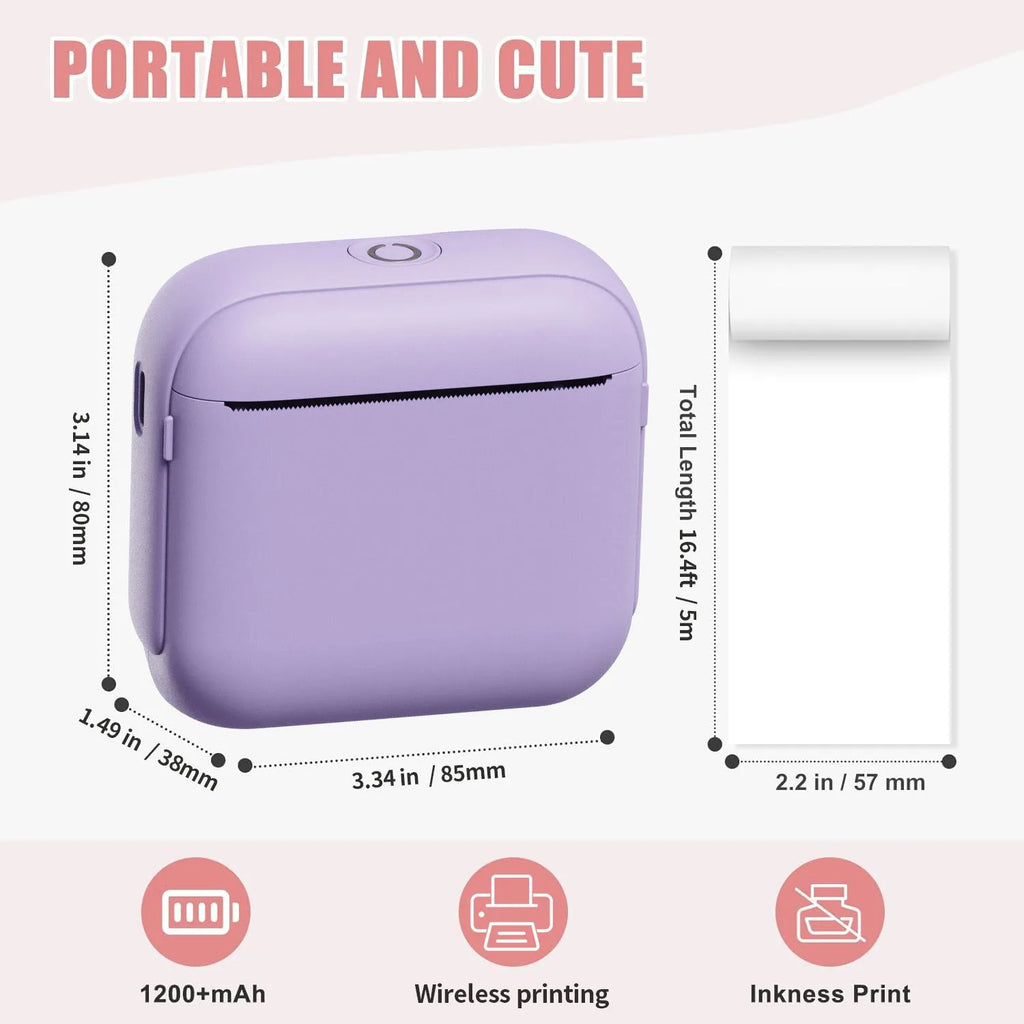 Portable Bluetooth thermal printer in beige, 85 x 35 x 80mm, for home label printing