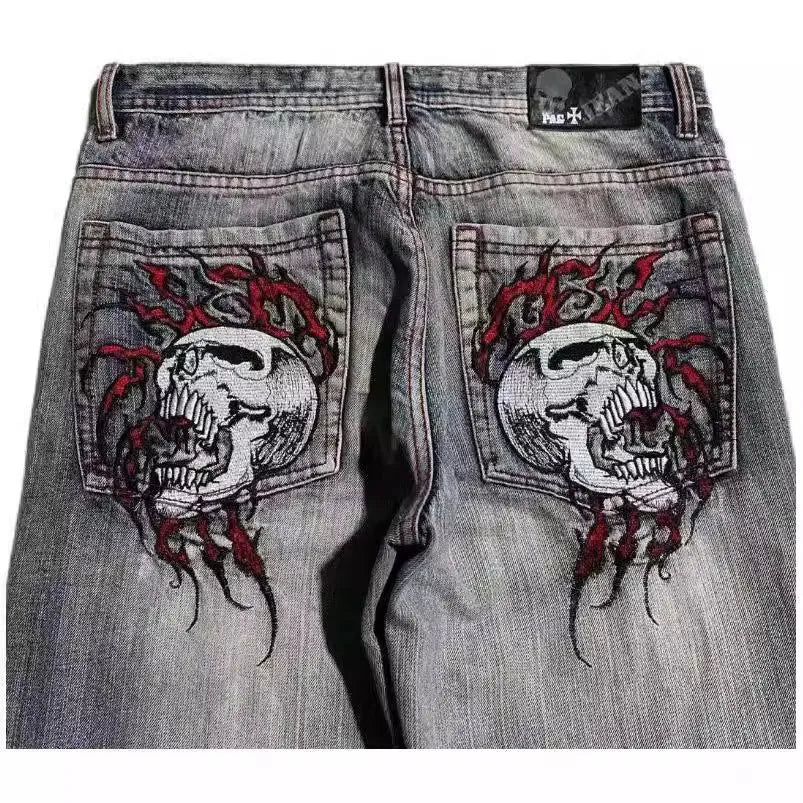 Men's grey wide-leg jeans with washed-out retro styling and straight-leg workwear design