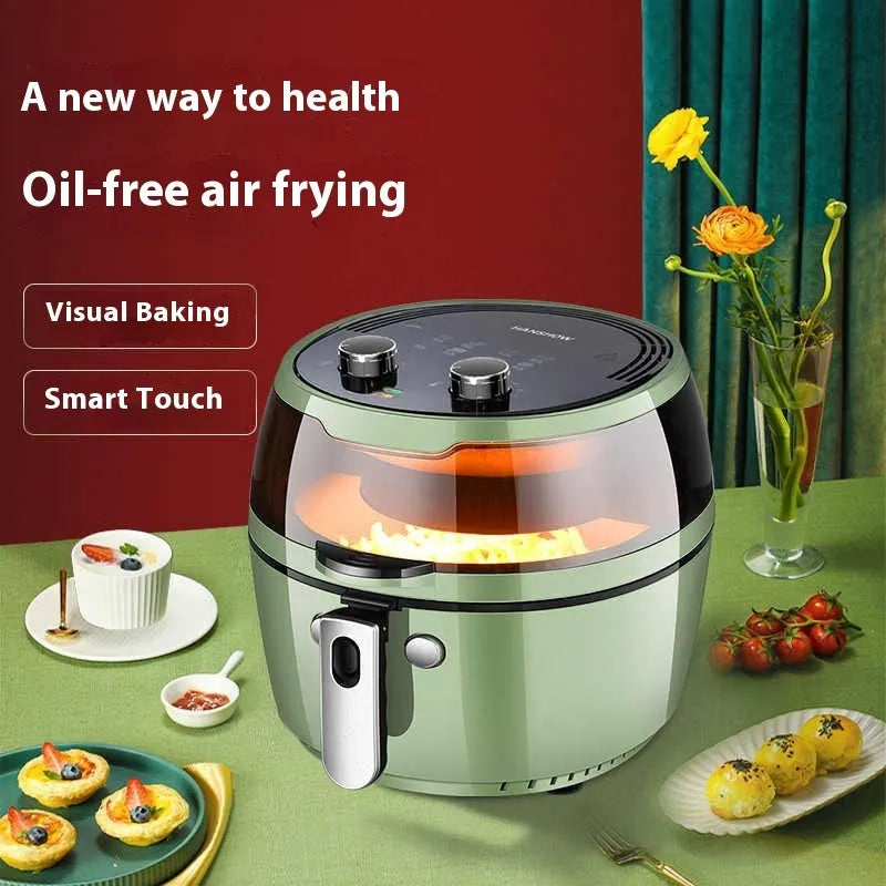 Mechanical button 8-litre air fryer with visible cooking window and EU conversion plug