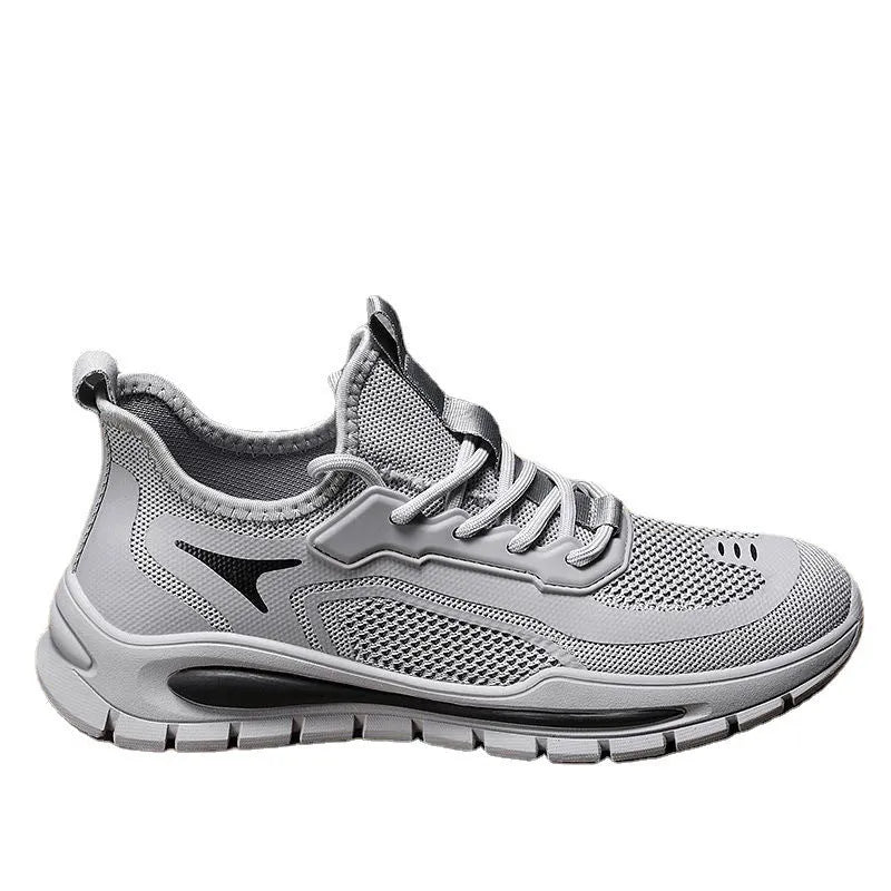 Men's breathable mesh sports shoes, low top, flat heel, PVC sole, black or gray, sizes 39-44.