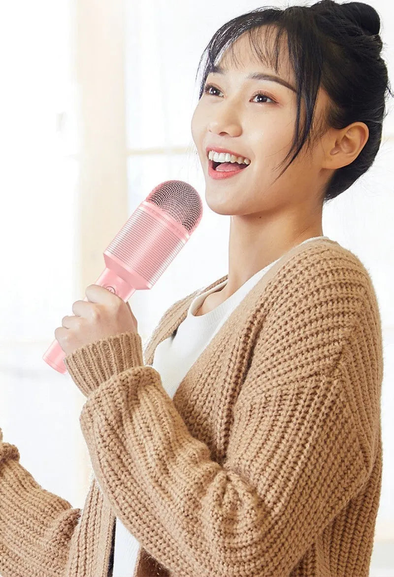 Audio integrated wireless Bluetooth USB karaoke microphone in pink, blue and green colour options