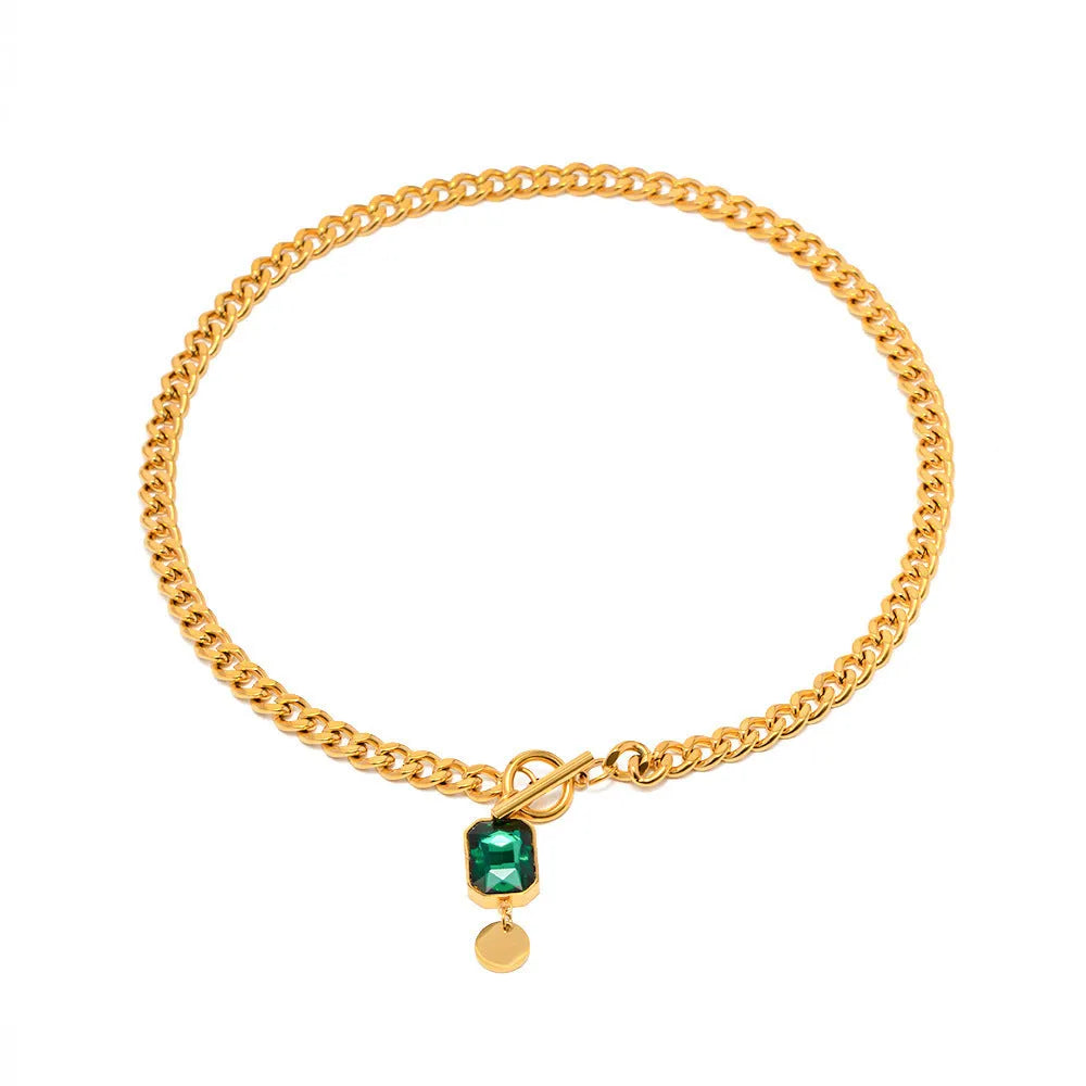 Gold geometric emerald zircon pendant necklace on Cuban link chain