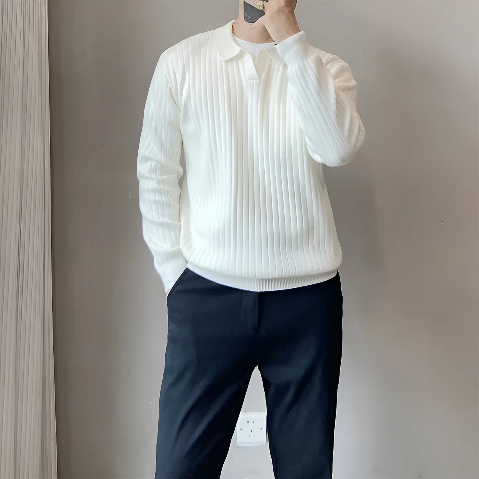 Men's loose grey modal knit sweater with rabbit fur trim detail on the chest, long sleeves.