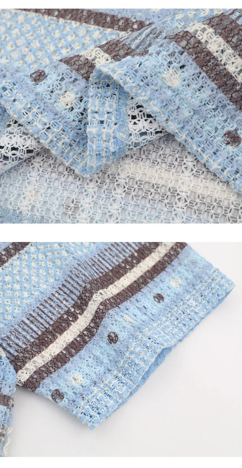 Men's blue printed loose fit casual shirt with short sleeves on hanger
