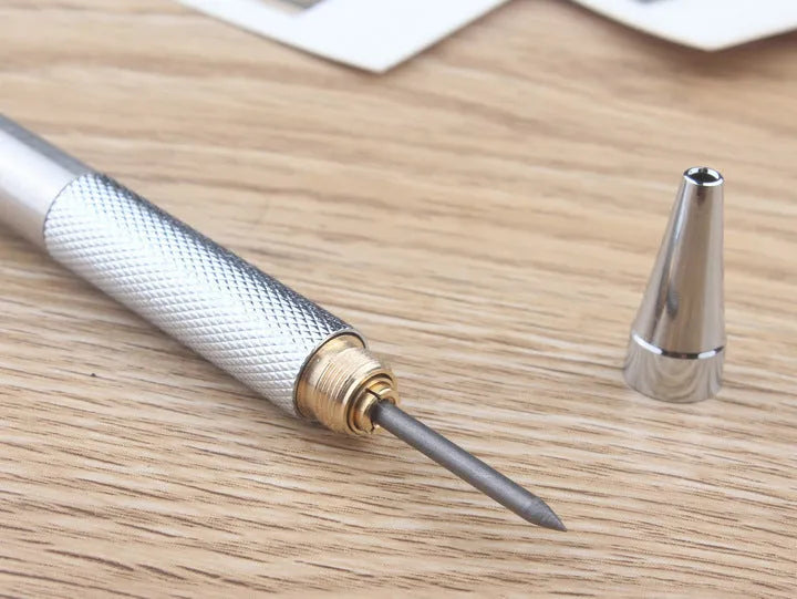 Metal automatic mechanical drafting pencil with multiple lead size options including 0.5mm and 2.0mm.