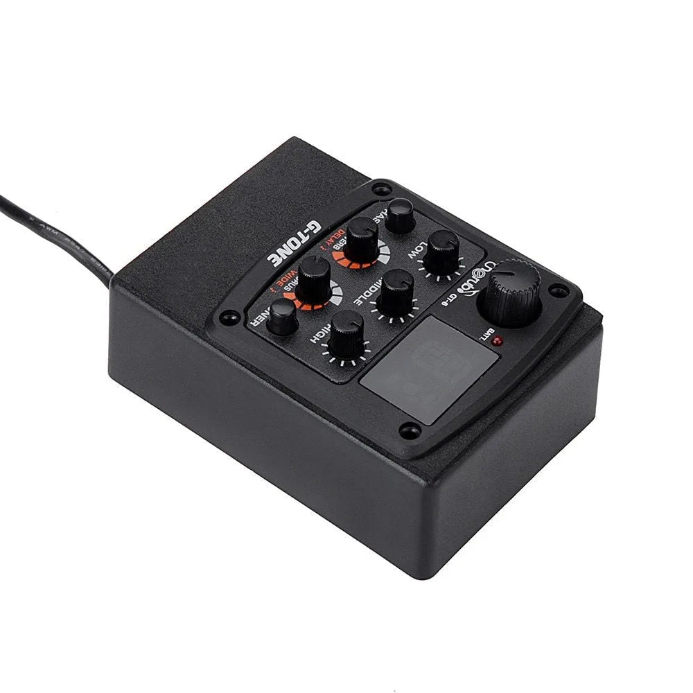 Black Cherub GT-6 acoustic guitar EQ pickup unit with control knobs for soundhole mounting.