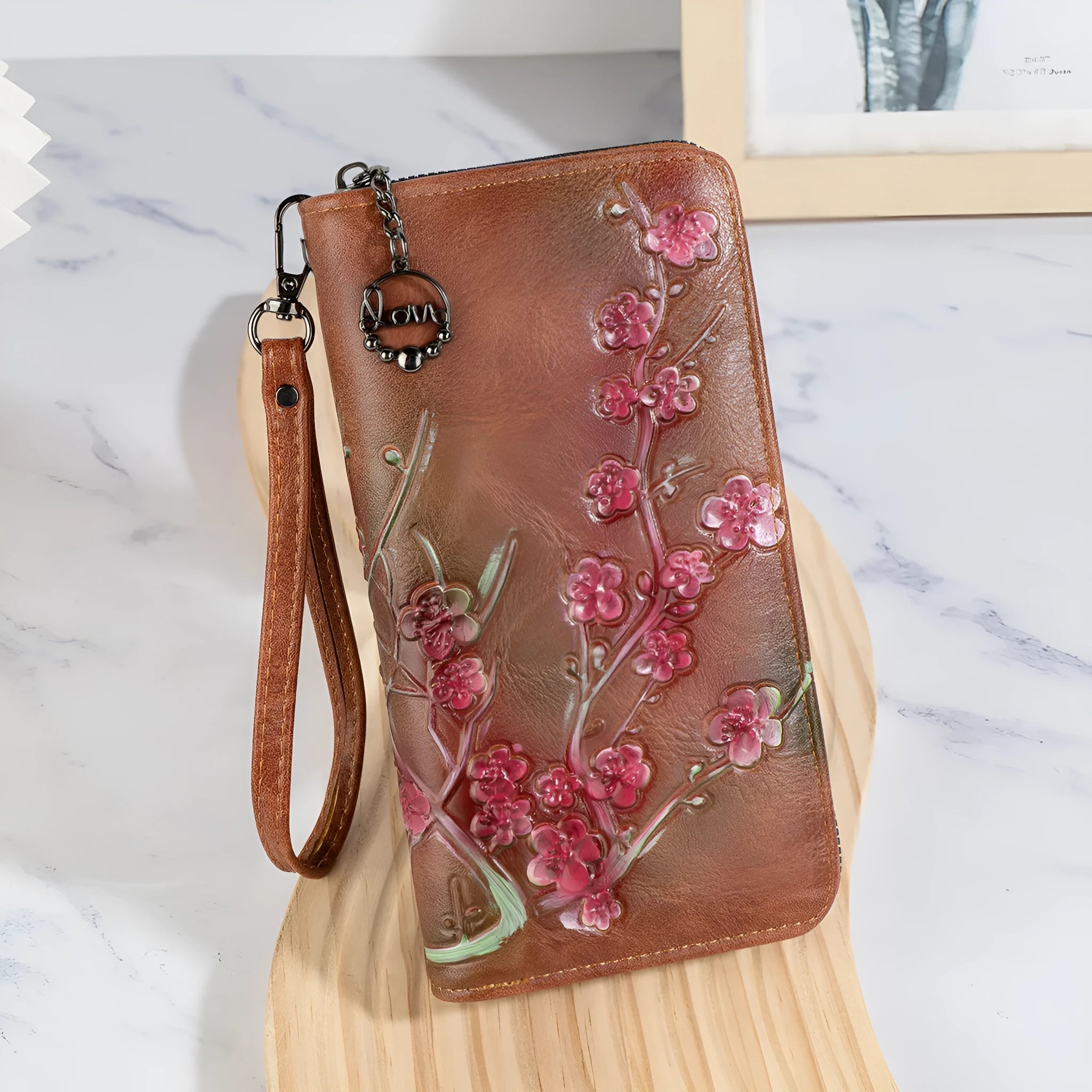 Embossed hand-painted floral pattern zipper handbag in retro style with black PU leather