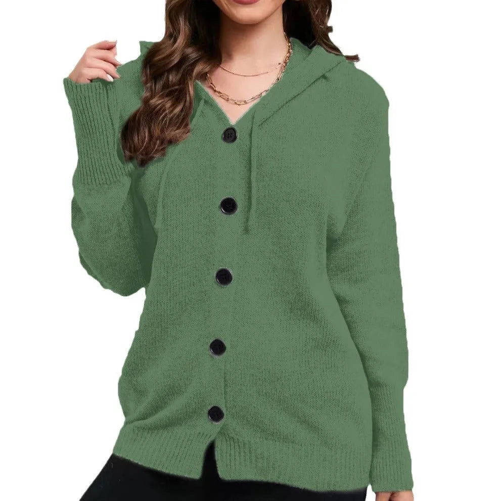 Women's solid colour hooded cardigan sweater in a loose fit, shown in one of six available colours.
